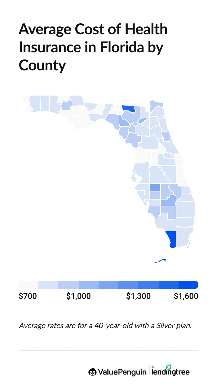 Map of Florida showing the average cost of a Silver health insurance plan by county