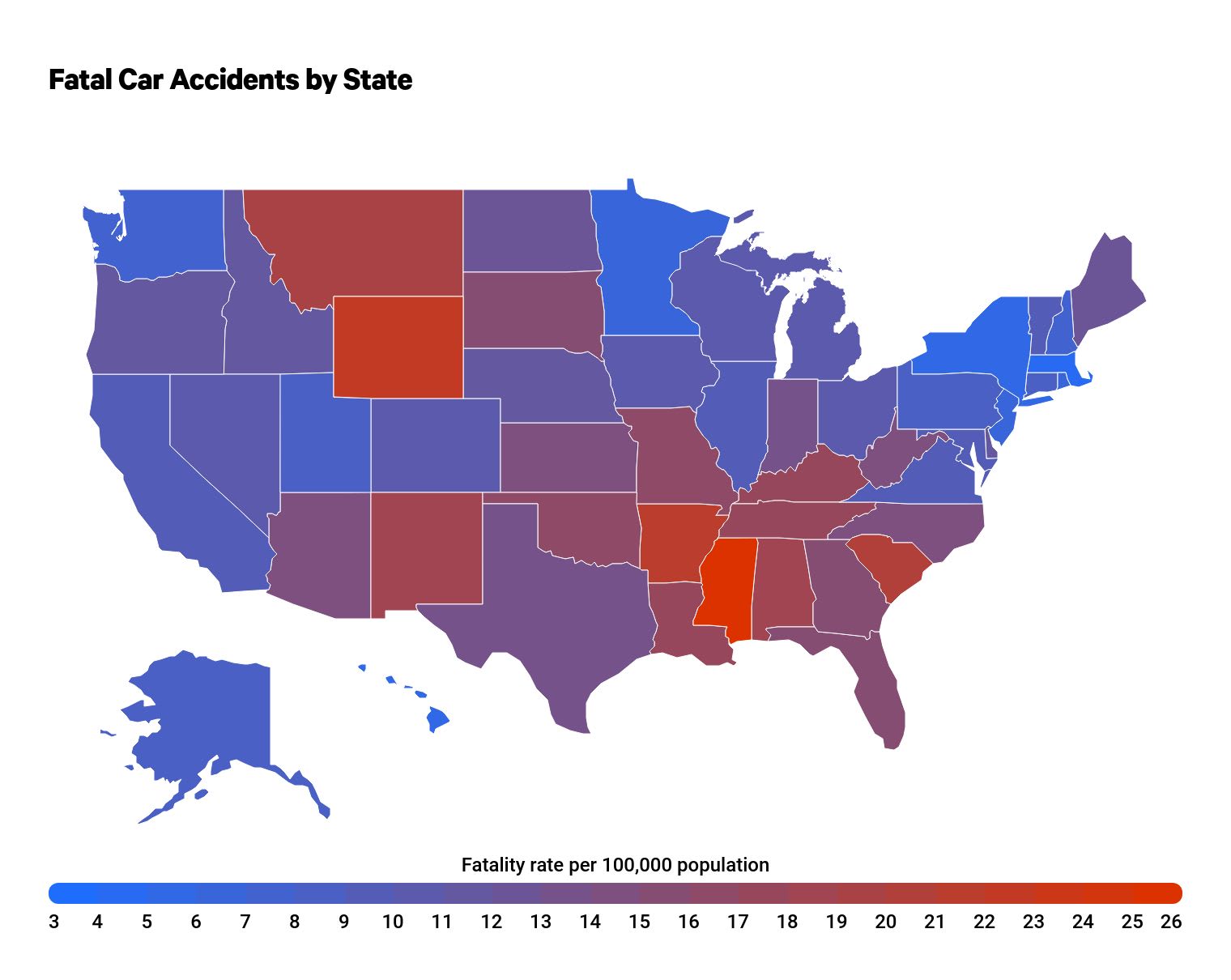 Map showing car accident fatality rate by state