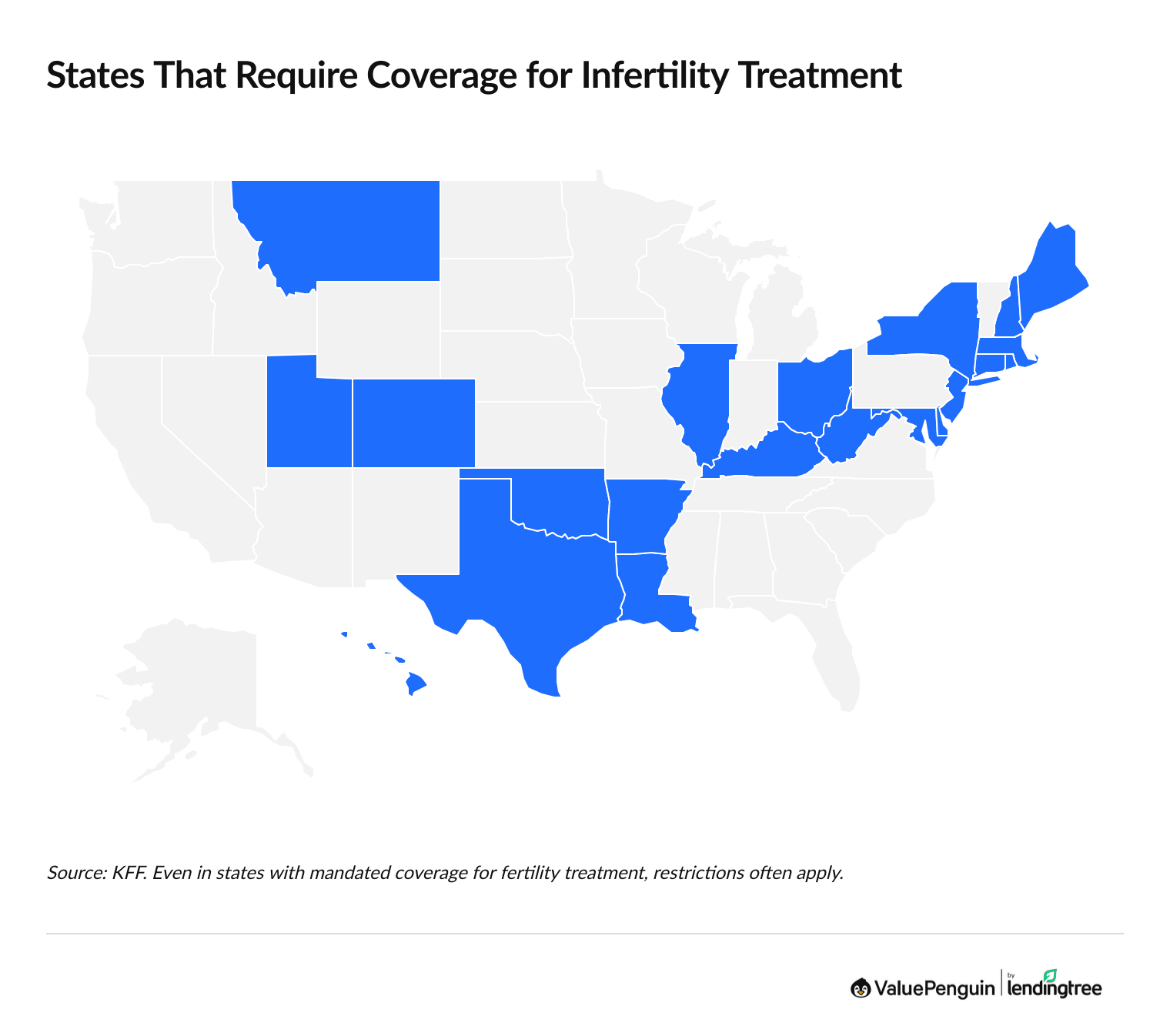 Map showing which states require infertility coverage on private insurance plans