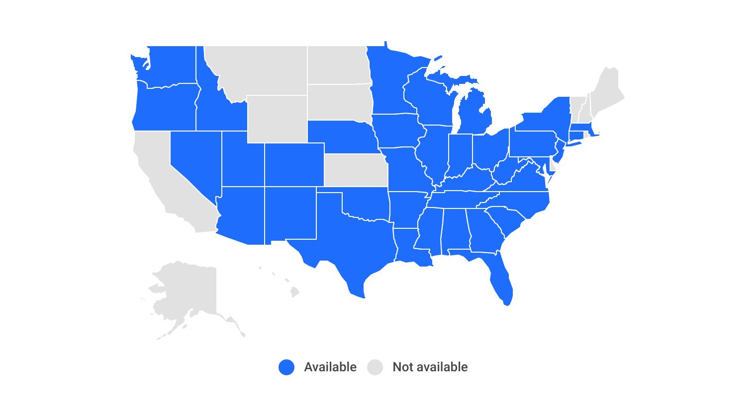 Map showing Geico DriveEasy availability by state