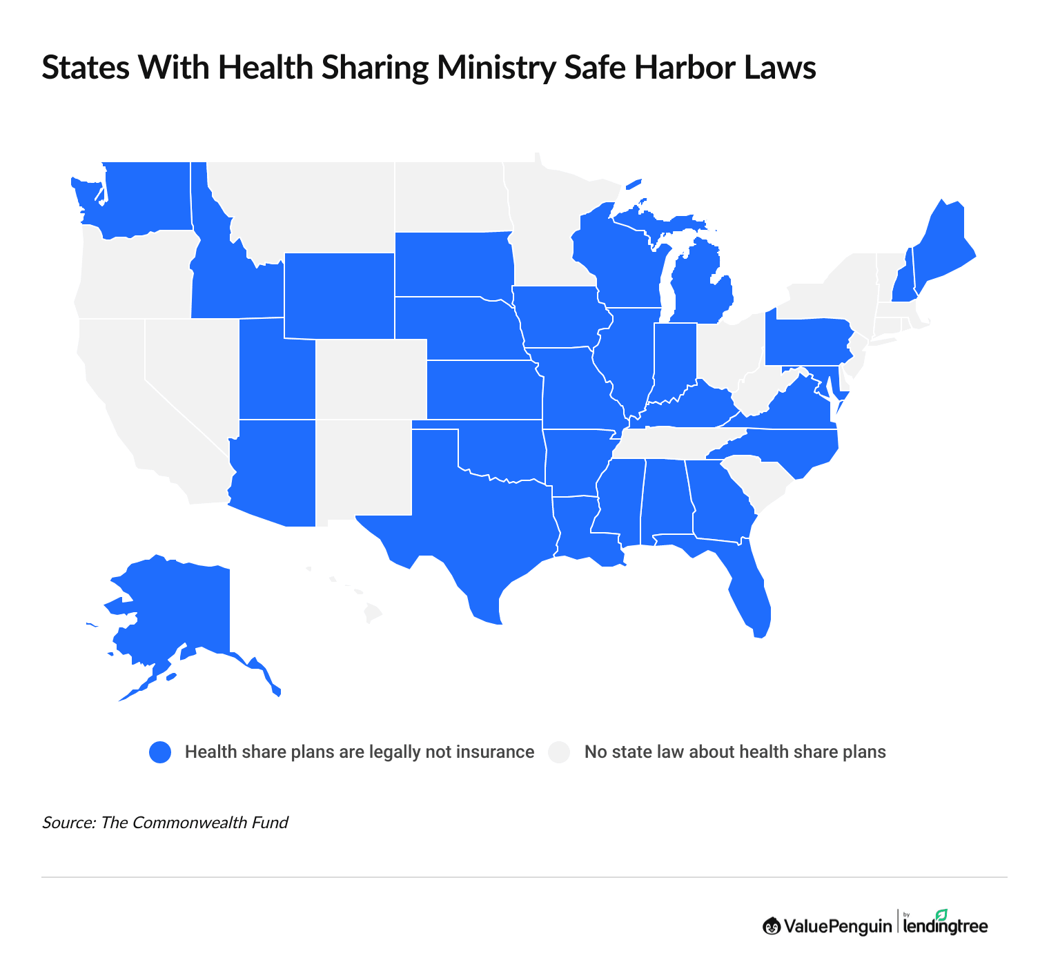 Map showing where health sharing ministries are protected by safe harbor laws