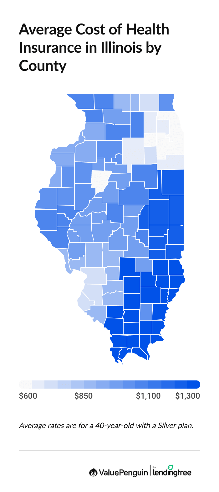 Map of Illinois showing the average cost of a Silver health insurance plan by county