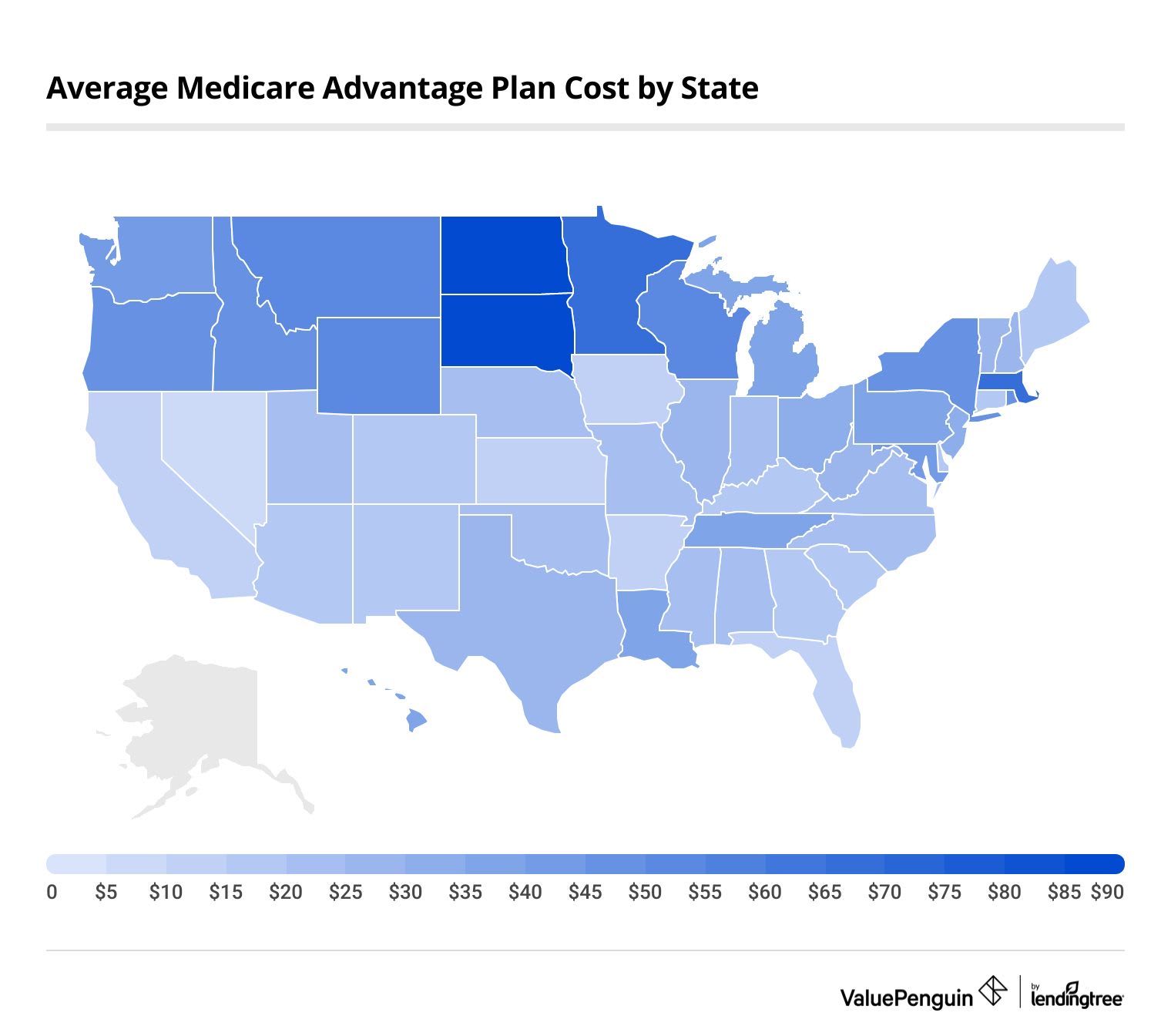 Average monthly cost of Medicare Advantage plans in each state excluding Alaska