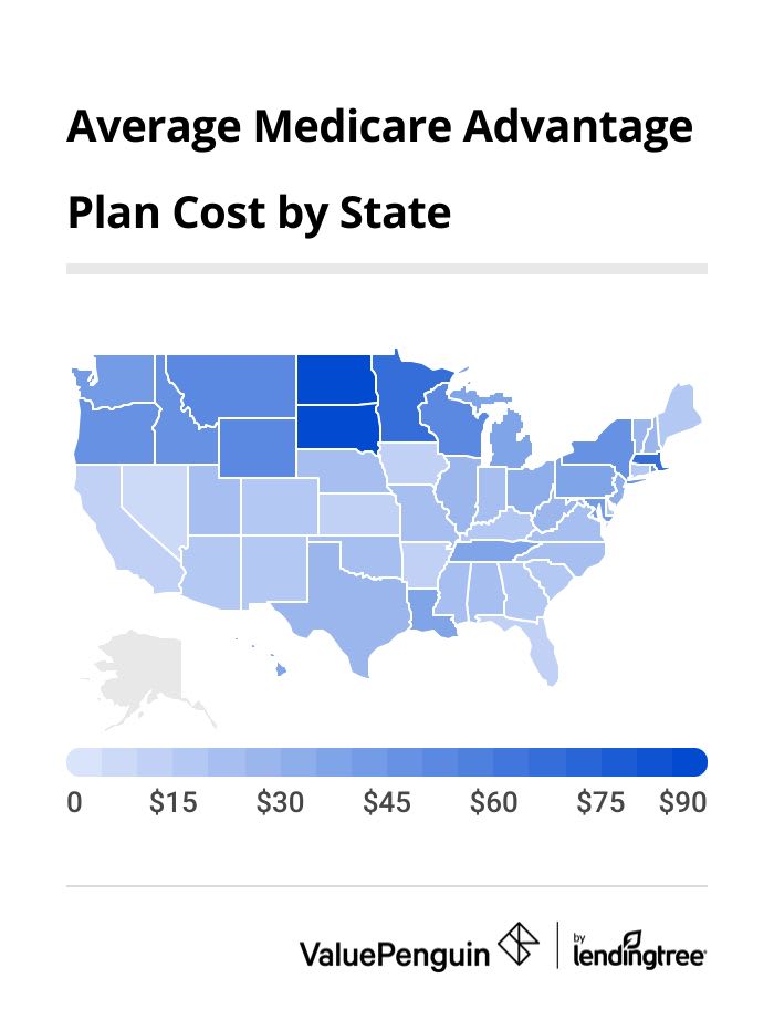 Average monthly cost of Medicare Advantage plans in each state excluding Alaska