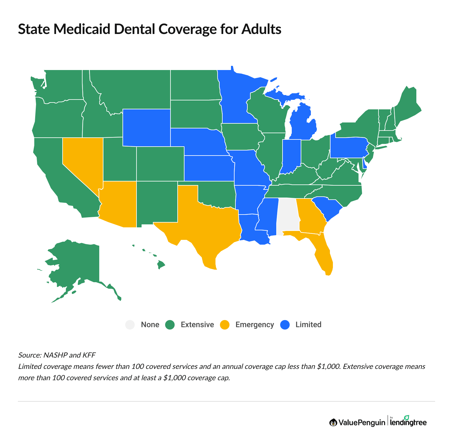 Map showing how each state covers dental care for adults on Medicaid