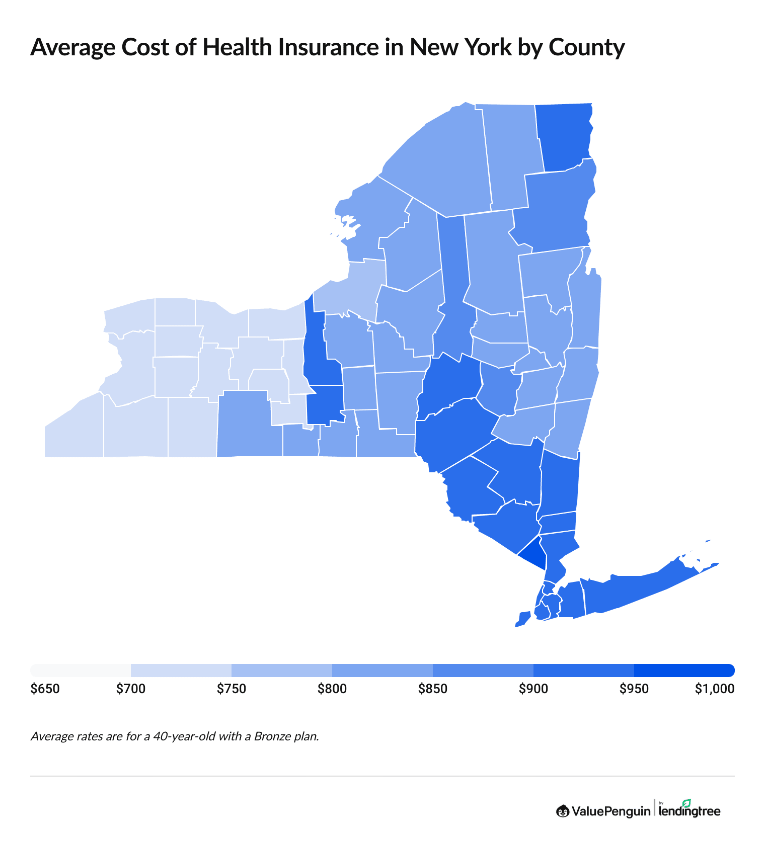 Average Bronze health insurance rates by New York county