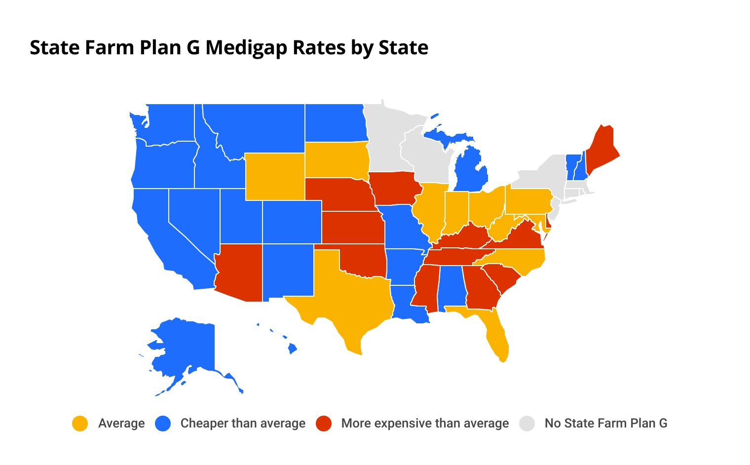 Map showing states where Plan G from State Farm is cheap