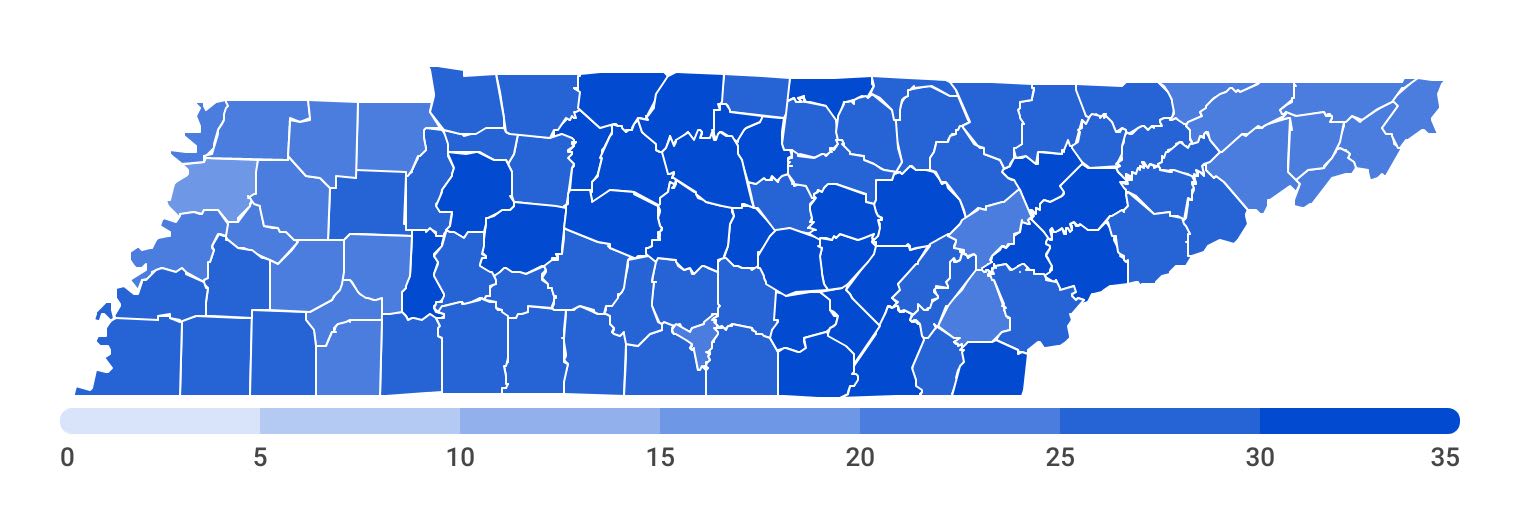 Tennessee map showing the number of Medicare Advantage plans available in each county