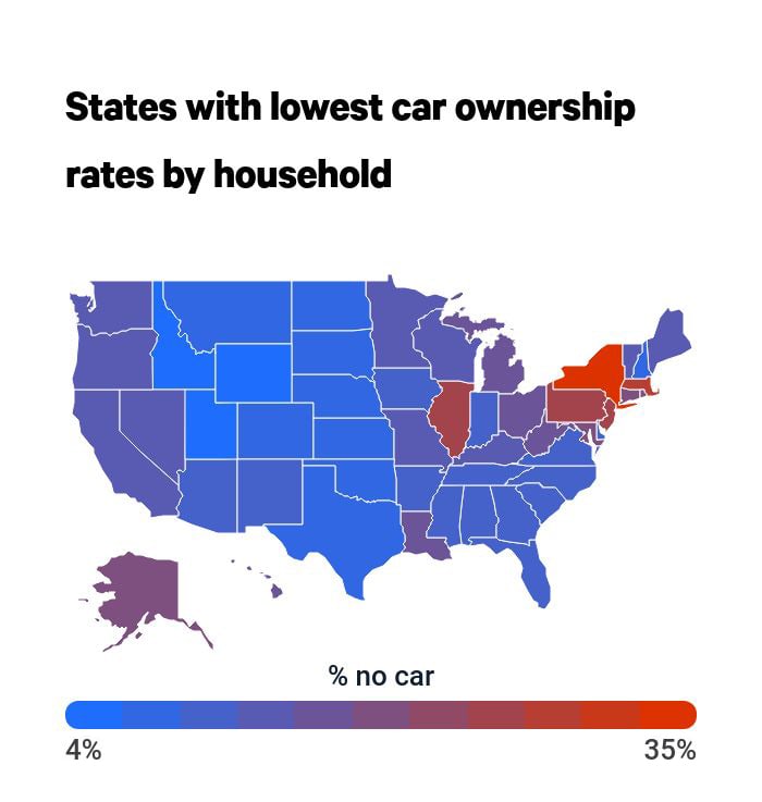 Map showing which states have the lowest rates of car ownership in the United States