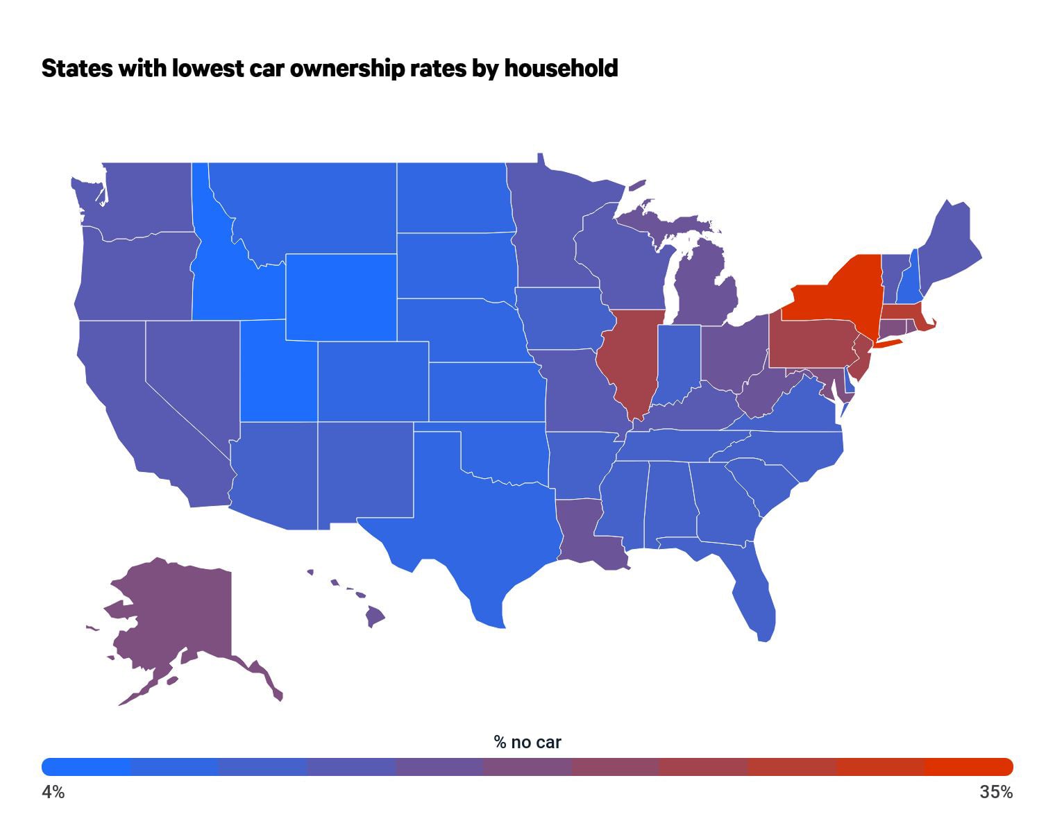 Map showing which states have the lowest rates of car ownership in the United States