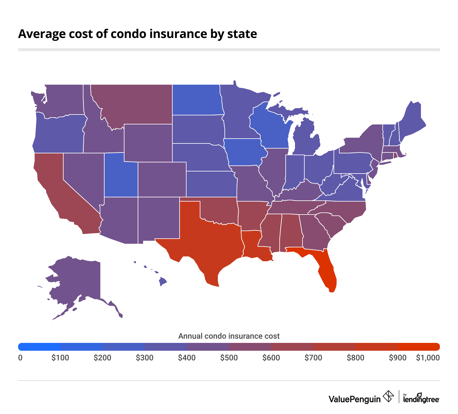 Map showing the cost of condo insurance by state