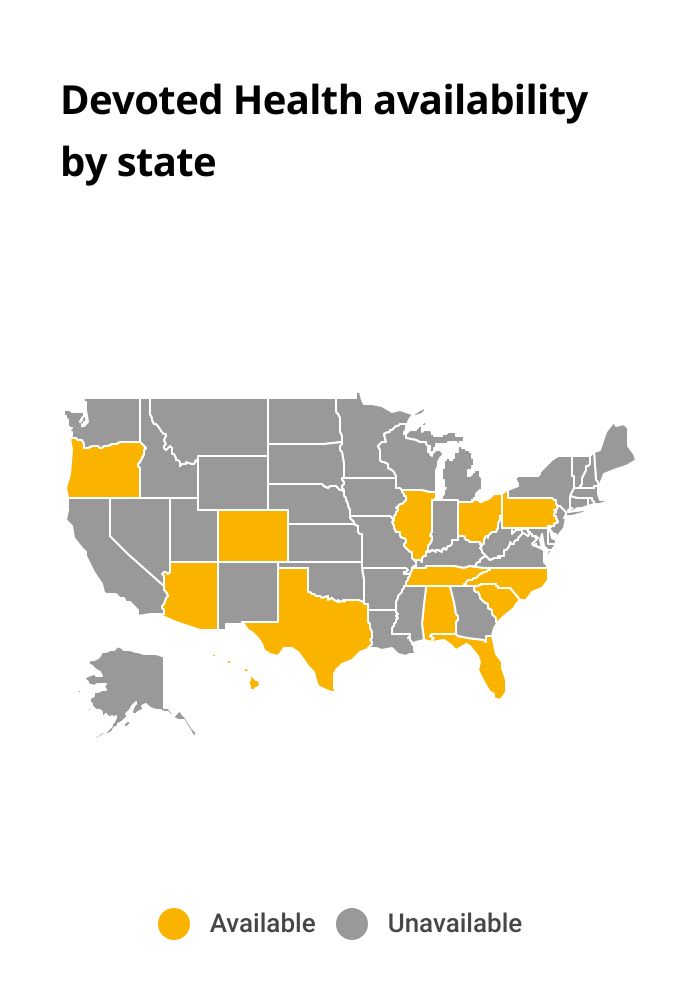 The graph shows where Devoted Health sells Medicare Advantage plans.