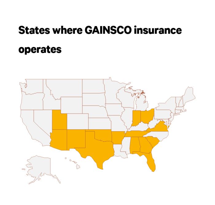 This map shows where GAINSCO insurance operates.