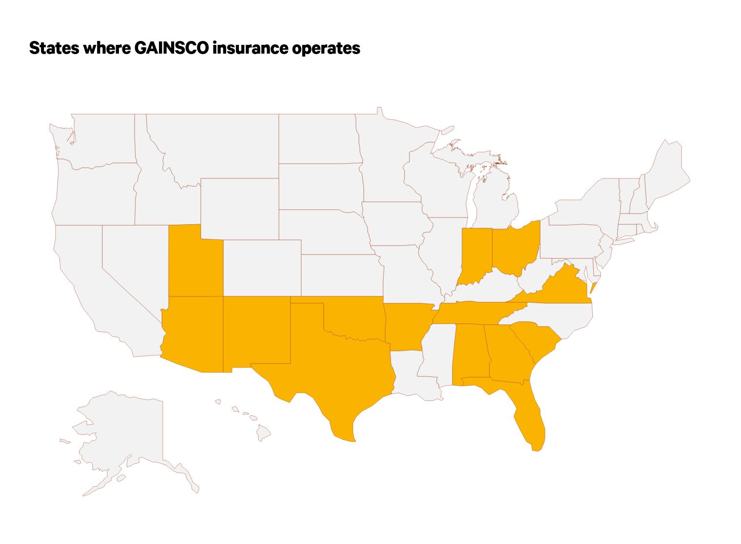 This map shows where GAINSCO insurance operates.