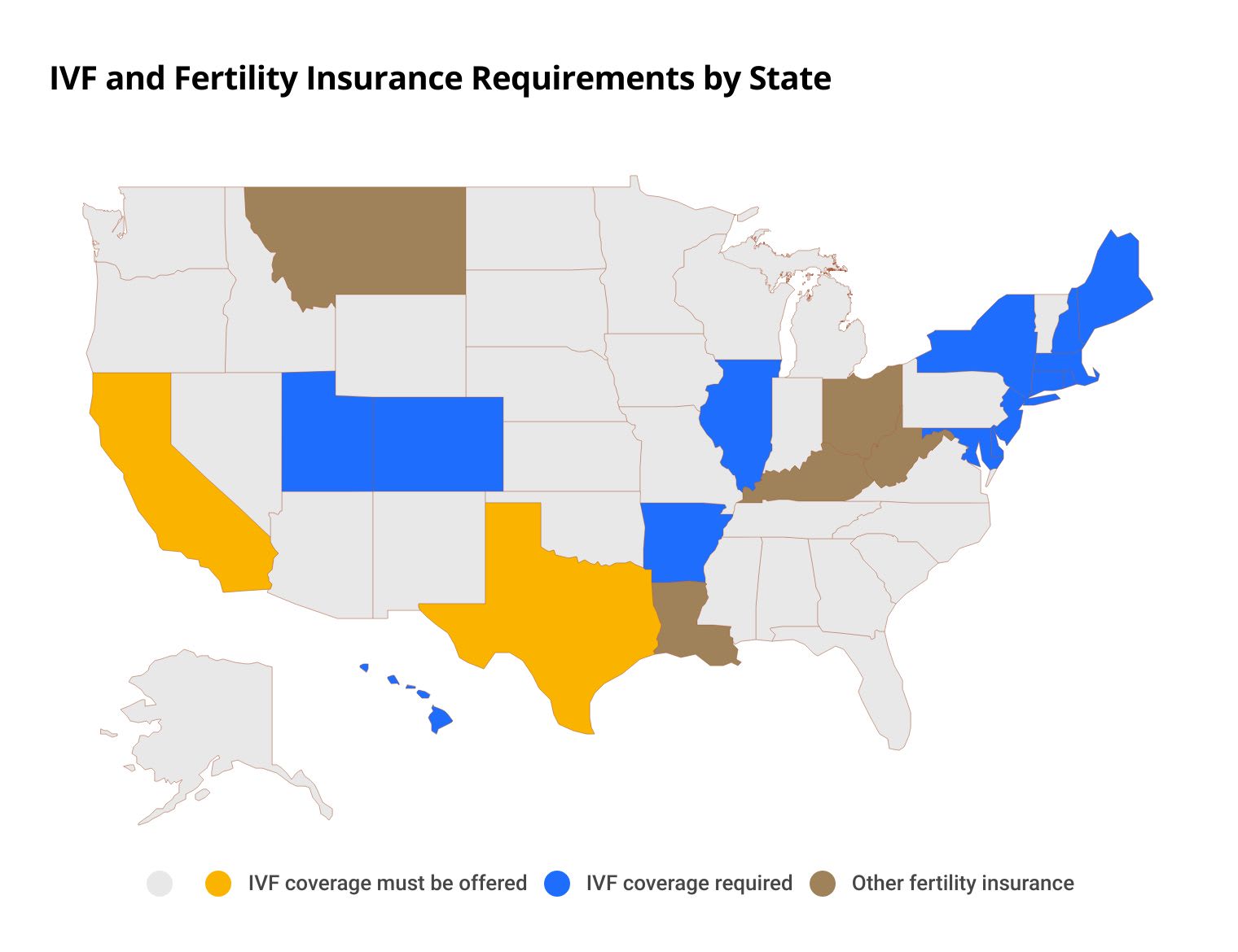 map of America showing which states require IVF and fertility insurance
