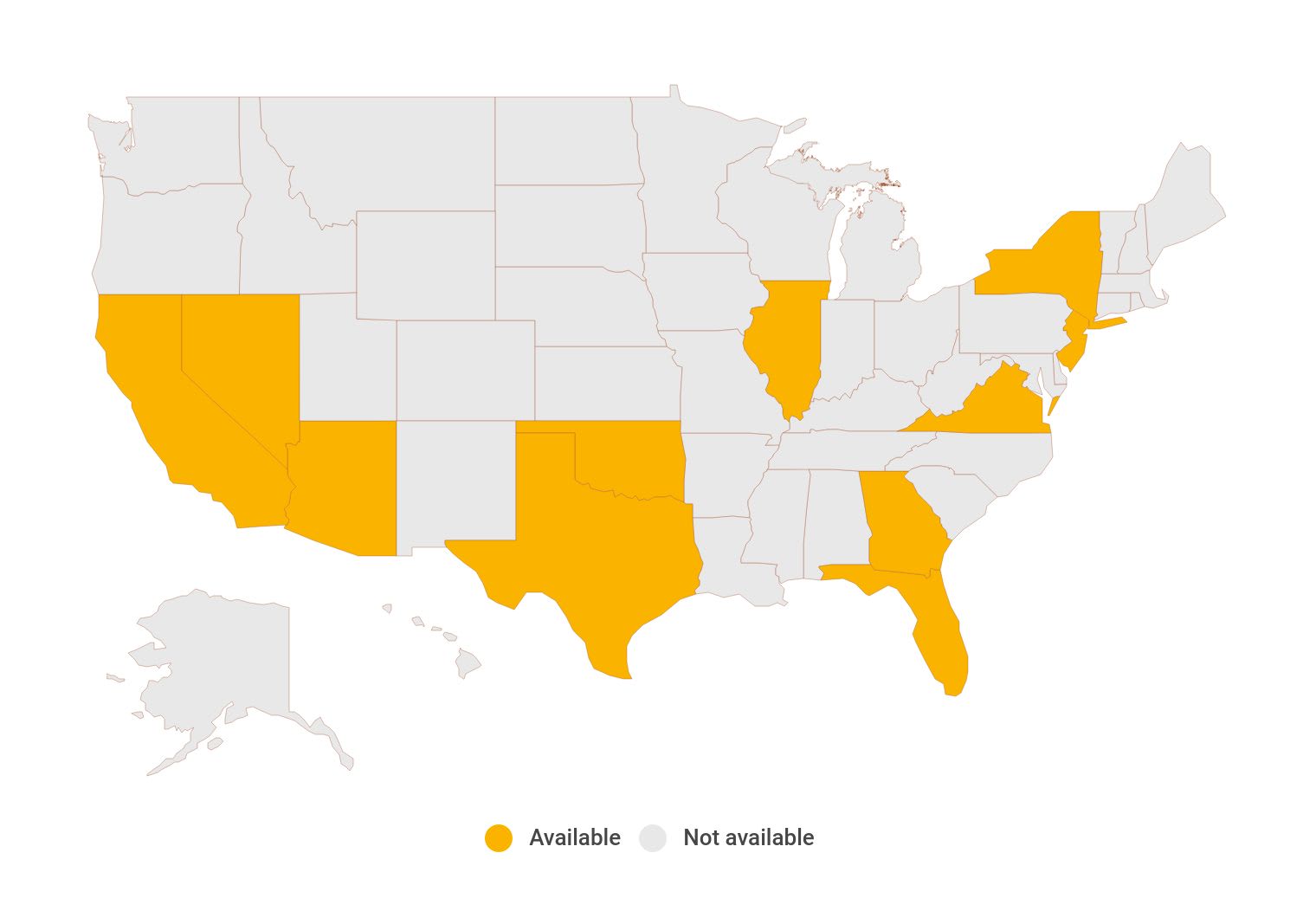 Map showing states in which Mercury insurance is available