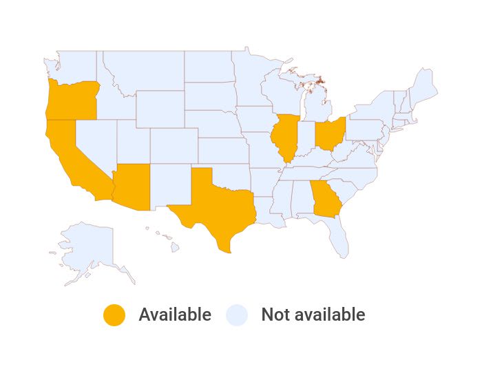 Map showing Mile Auto insurance availability by state