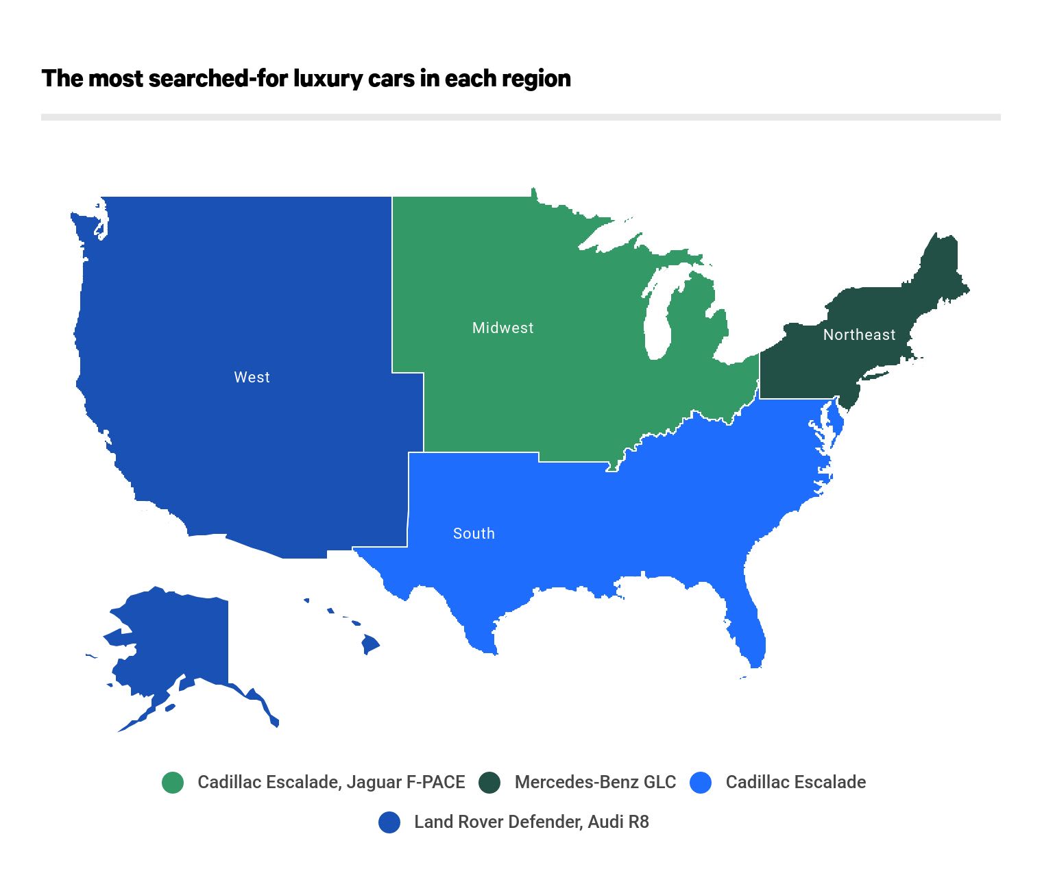 Map of U.S., color-coded to align with the most popular car models