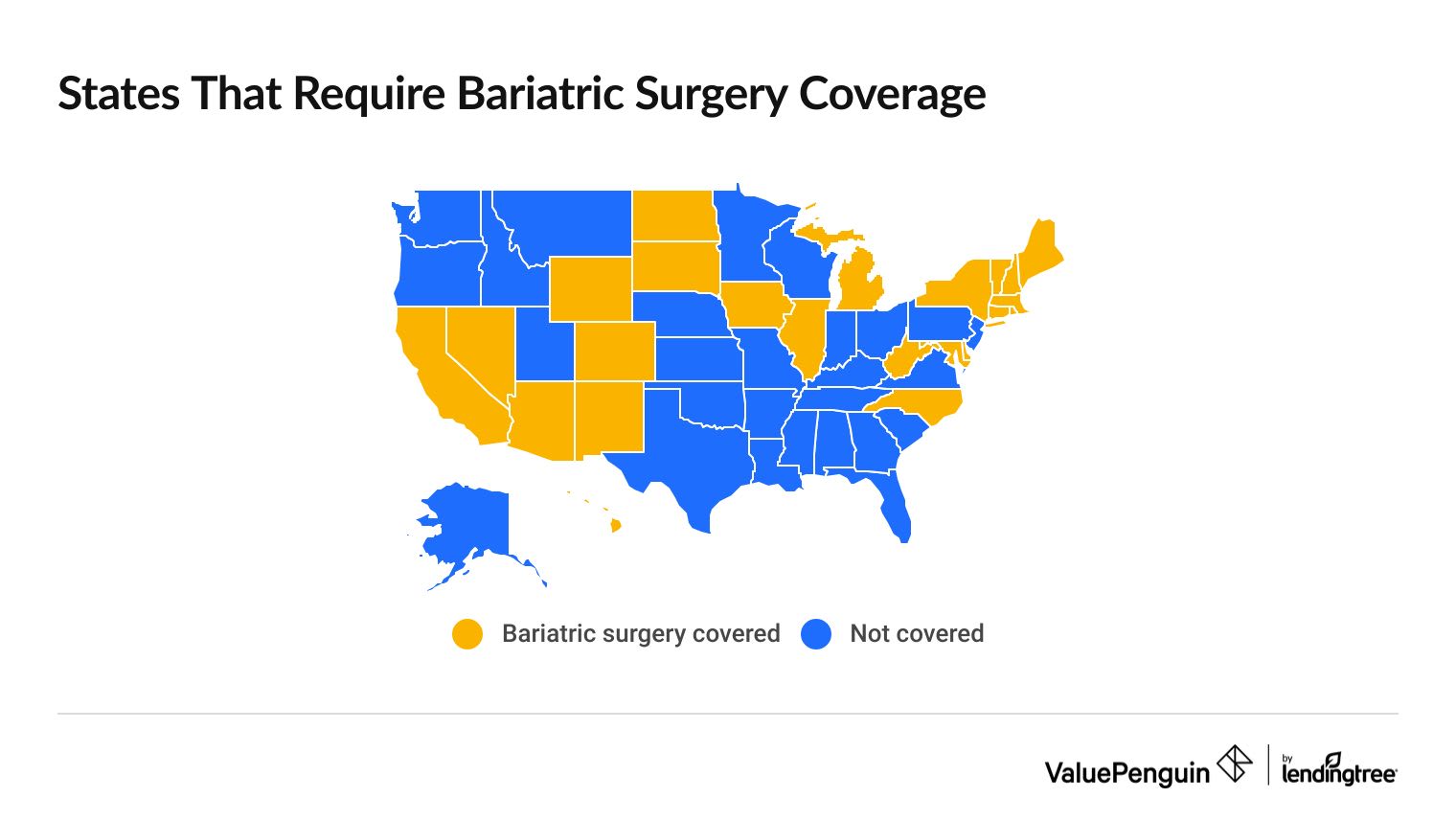 This state map shows the 23 states where bariatric surgery is covered by health insurance plans that follow ACA rules