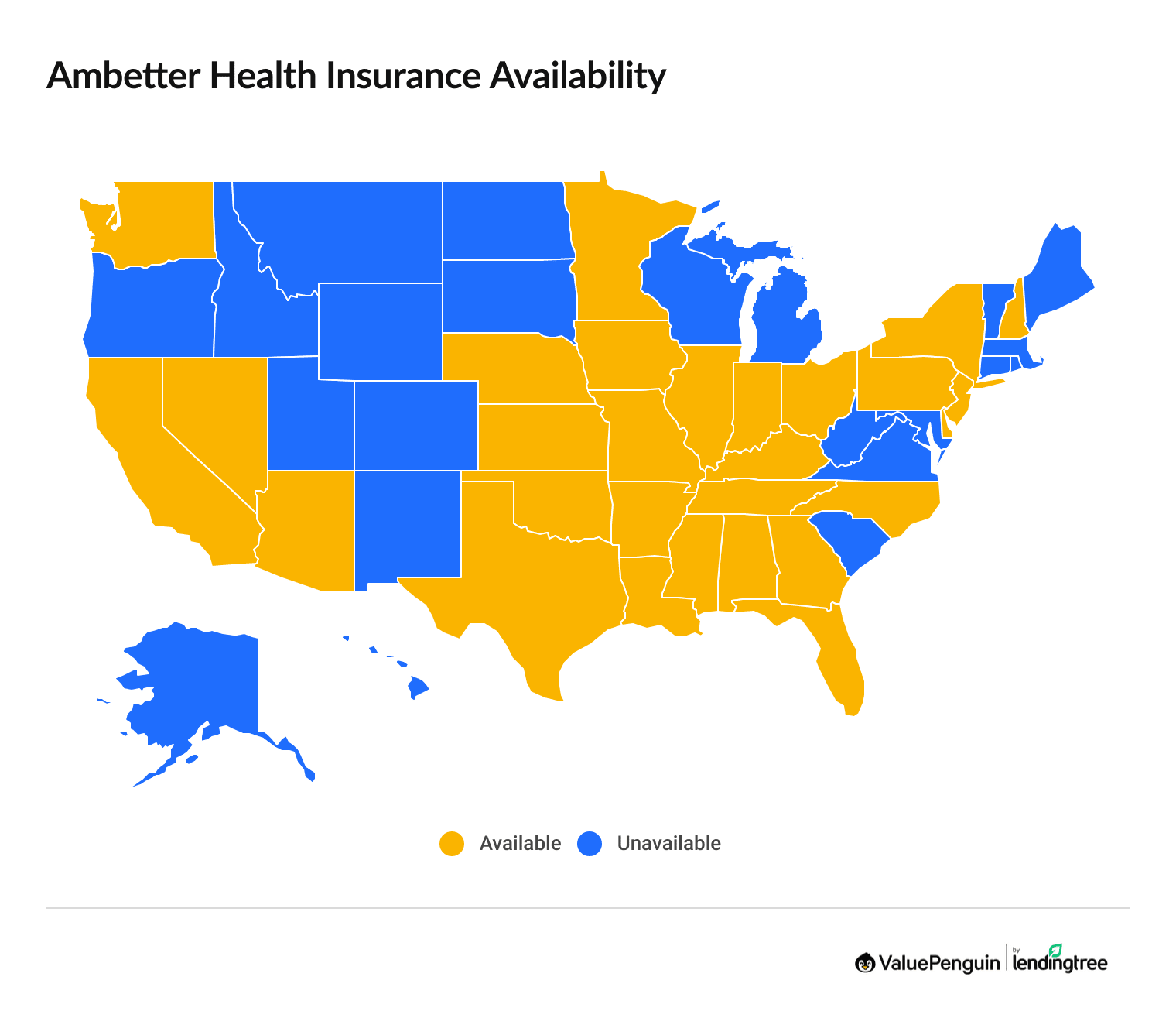 A map showing the states where Ambetter sells health insurance