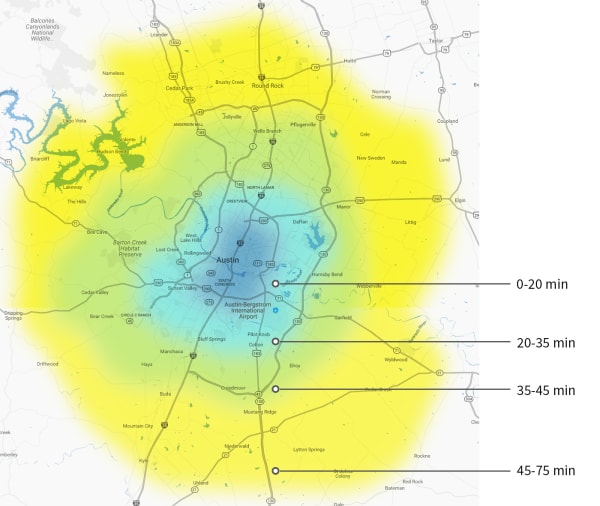 map showing commute times in Austin