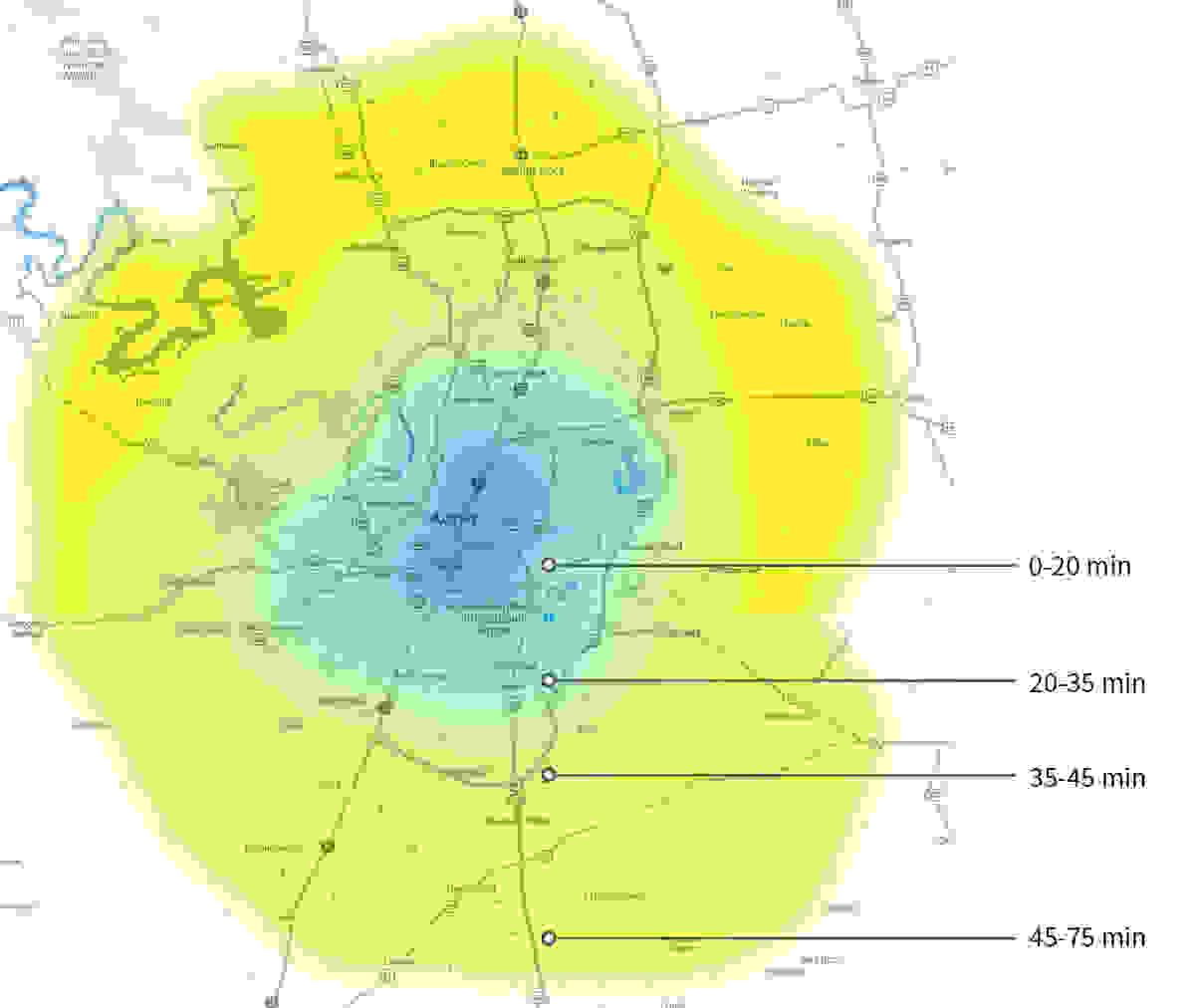 map showing commute times in Austin
