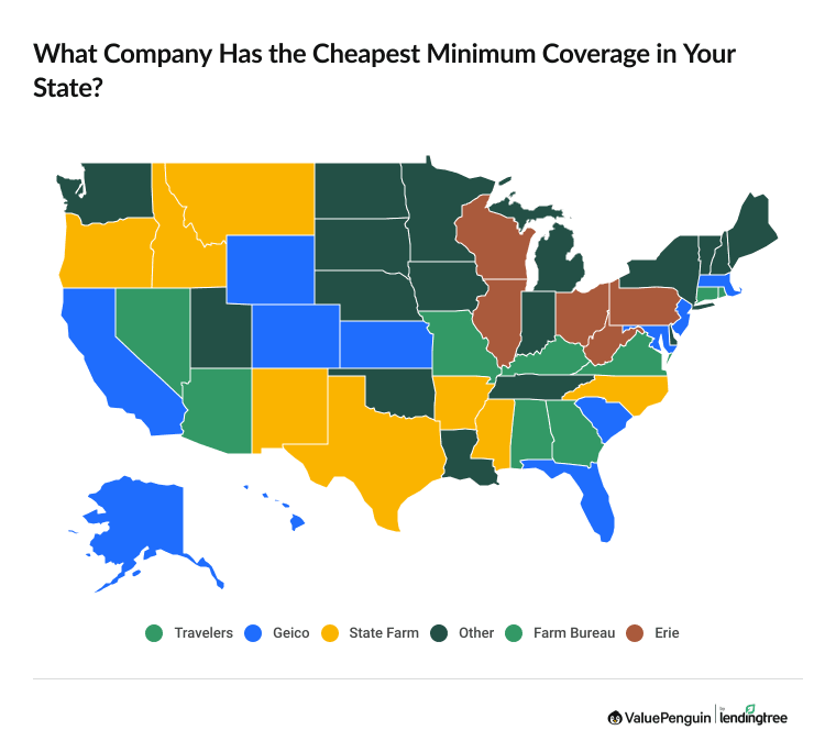 Map showing which company has the cheapest minimum coverage in each state