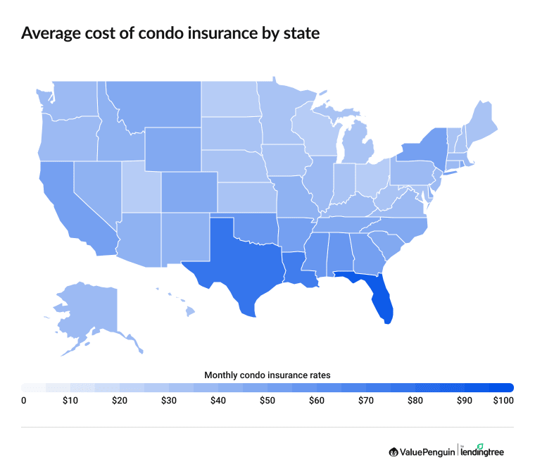 Map showing the cost of condo insurance by state