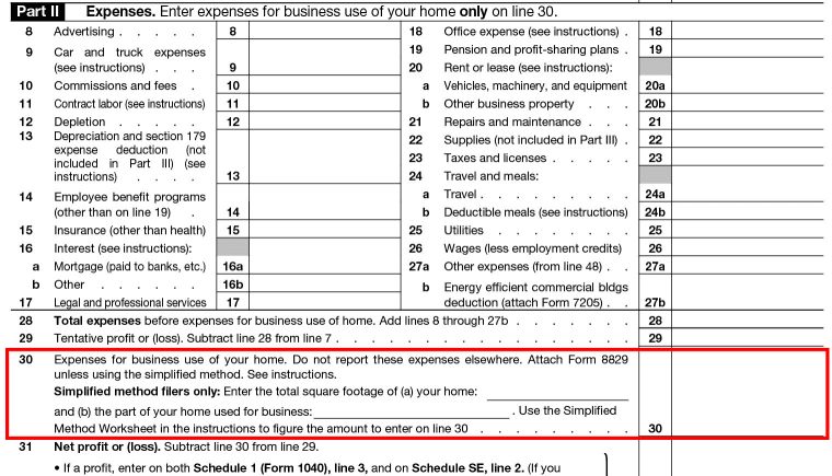 Line 30 of Schedule C (form 1040)