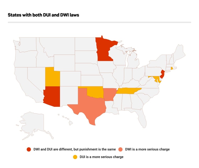 map of states that differentiate between DWI and DUI