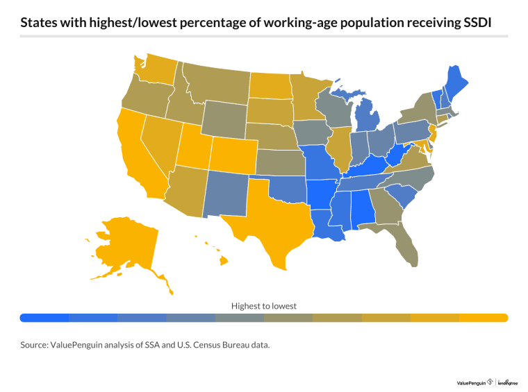 States with the highest/lowest percentage of the working-age population receiving SSDI.