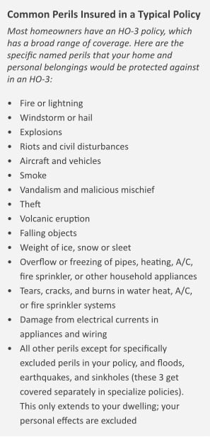 Common Perils Insured in a Typical HO-3 Policy This lists the typical HO-3 policy's perils coverage, ranging from fire and lightning to pipes freezing