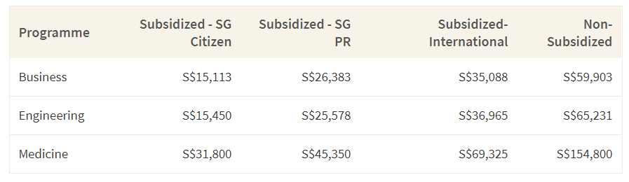 This table shows the average cost of tuition in Singapore for the year 2020-2021 based on program type