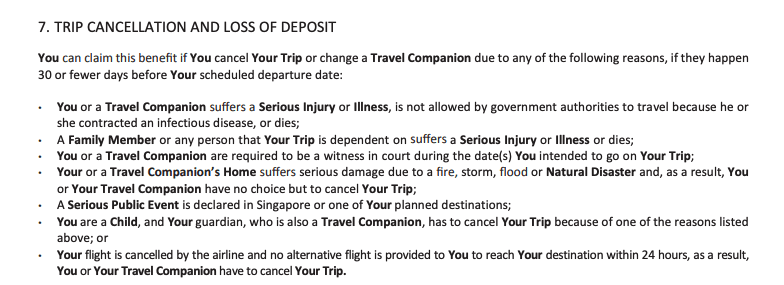 This is a screenshot of FWD's travel insurance policy document describing under what circumstances a cancellation claim is valid