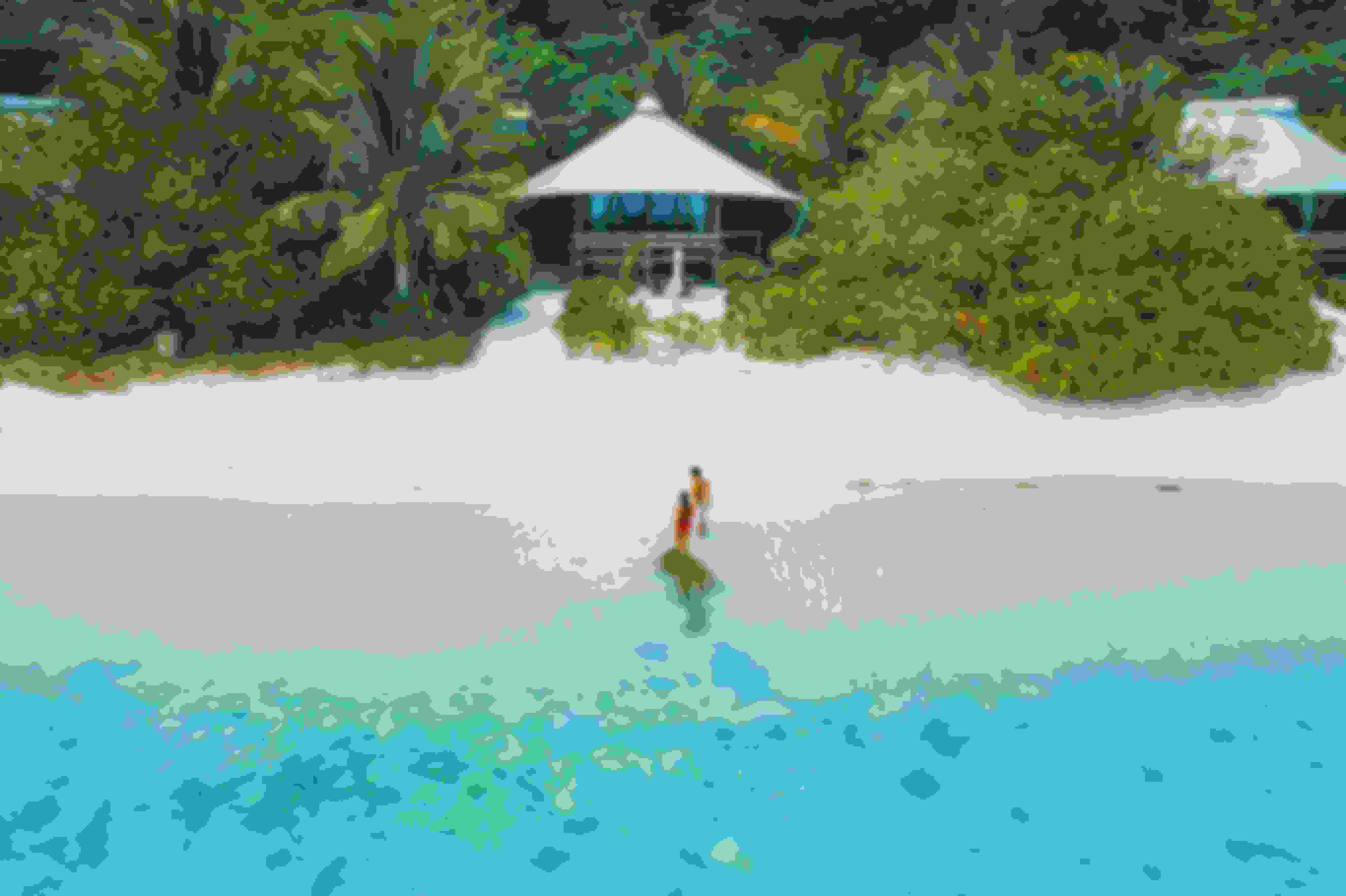 A couple on the shore of a beach with two beach houses