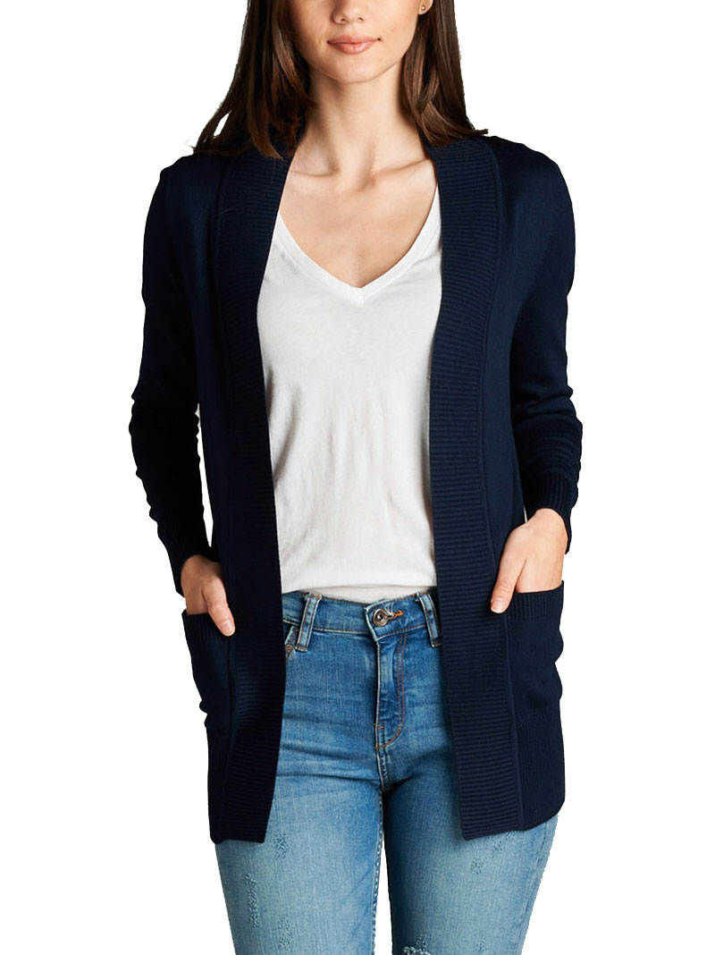 Women&#039;s Cardigan Sleeve Open Front Draped Sweater Rib Banded w/ Pockets |