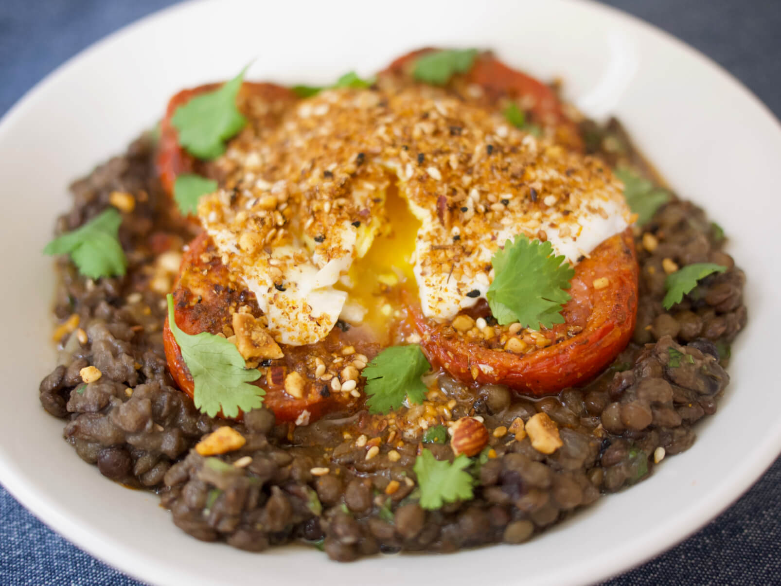 HarissaRoasted Tomatoes with Lentils, Poached Eggs, and Dukkah Recipe