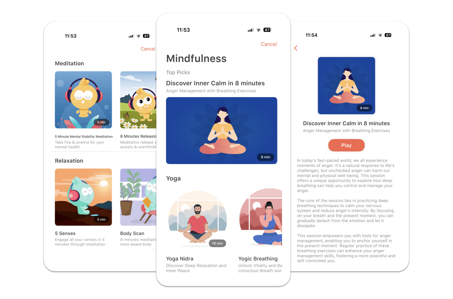 Vantage Fit well-being content library featuring meditation sessions, mindfulness programs, and relaxation exercises.