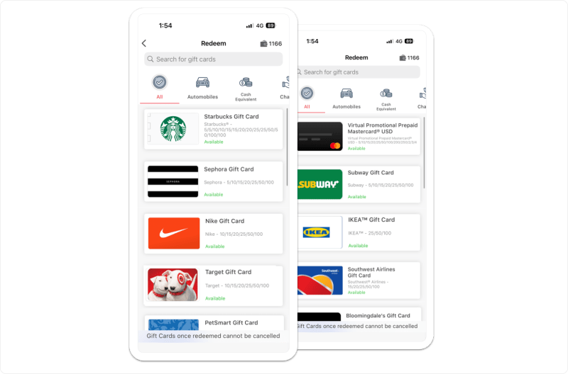 Vantage Fit mobile rewards redemption screen with gift card catalog, category tabs, and available points balance for checkout.