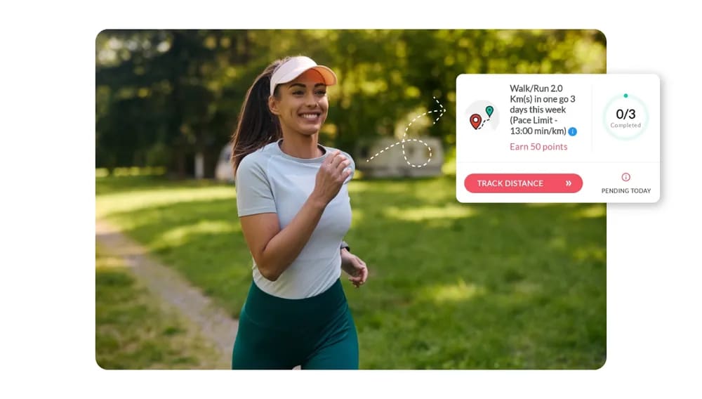 A woman jogging in a park with an app interface showing a wellness challenge tracking progress and reward points.png