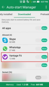 Allow Vantage fit app in the auto start manager