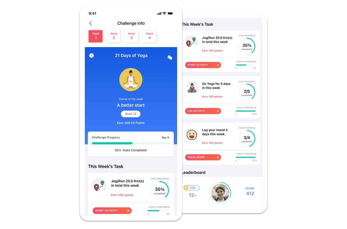 Vantage Fit mobile challenge screen displaying weekly tasks, progress tracking, and points earned in a wellness campaign