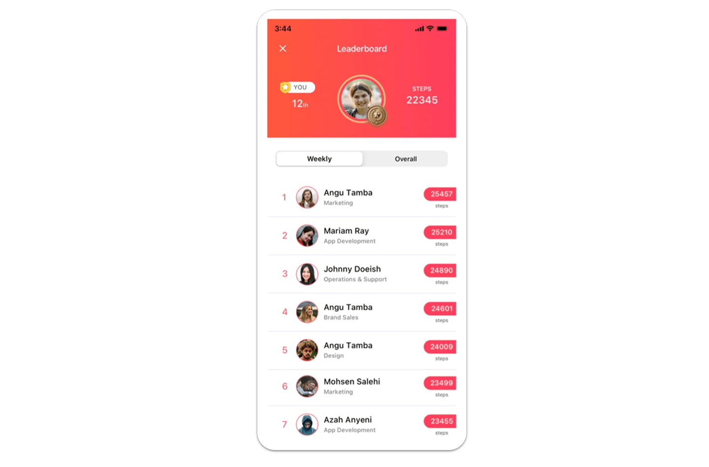 Vantage Fit mobile leaderboard showing employee rankings, total steps, and weekly performance comparison