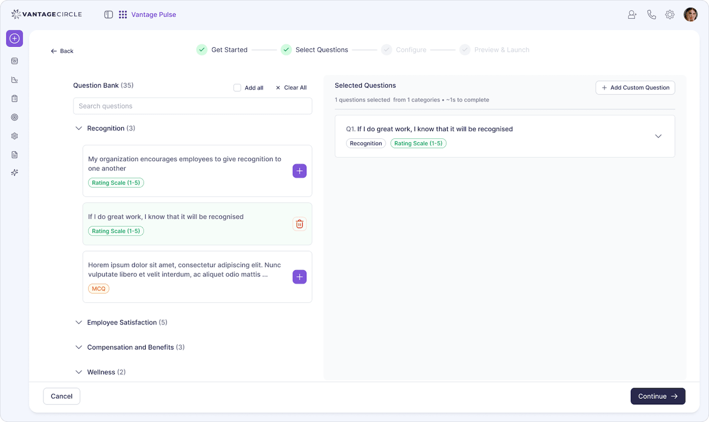 Vantage Pulse department-wise insights dashboard comparing feedback across teams.