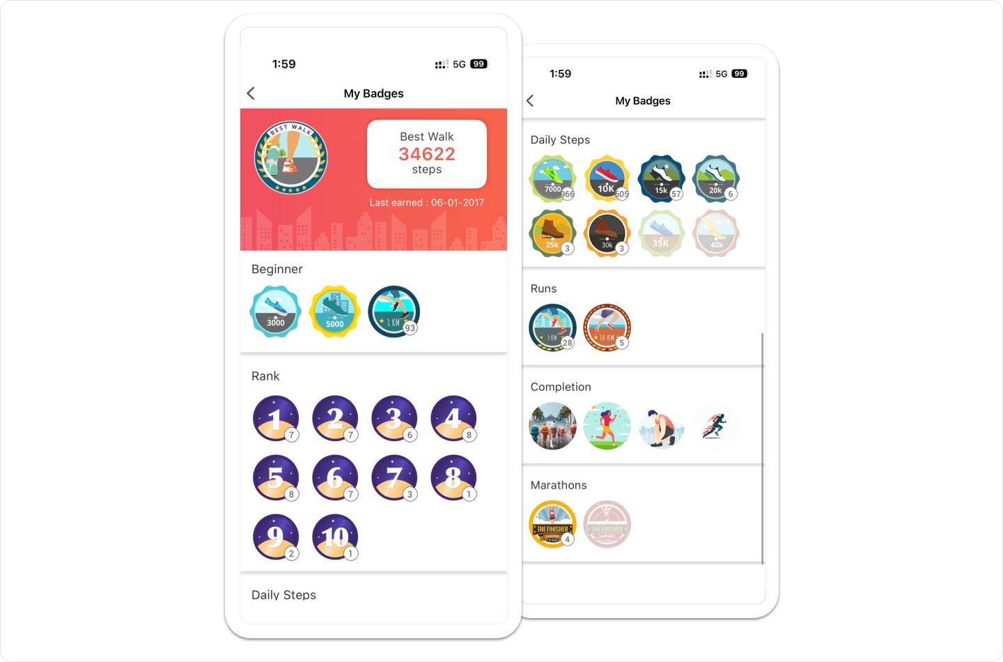 Vantage Fit mobile badges and achievements screen showing earned milestones, rank badges, and progress across daily step goals.