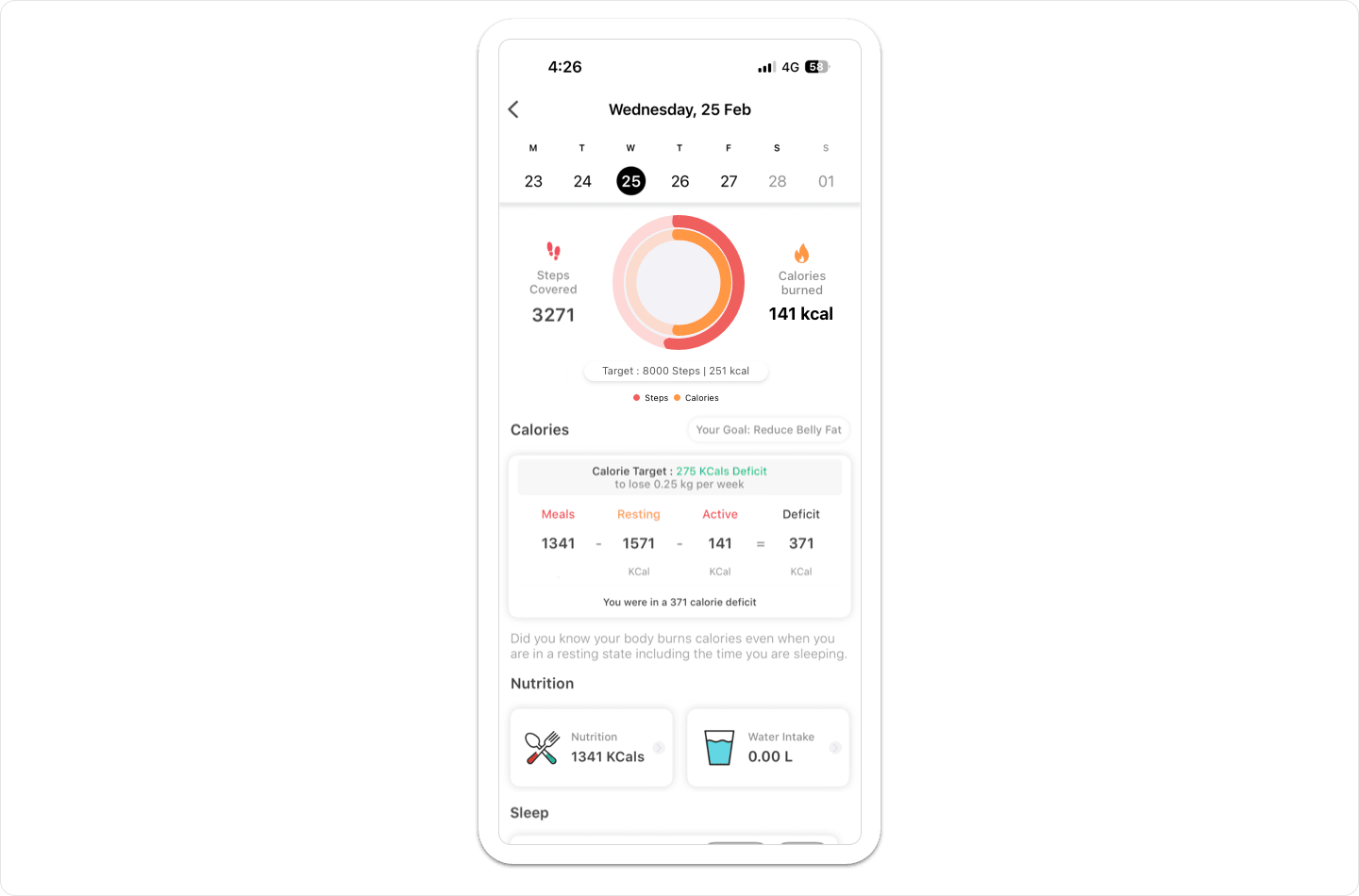 Vantage Fit calorie balance tracker showing daily food intake versus exercise calories burned with personalized goals.