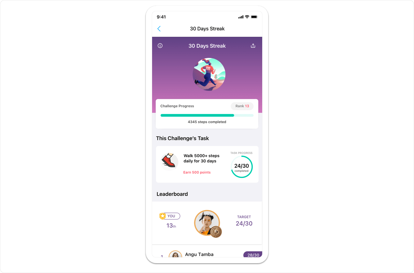 Vantage Fit streak challenge showing weekly habit-building progress with daily step target completion calendar.