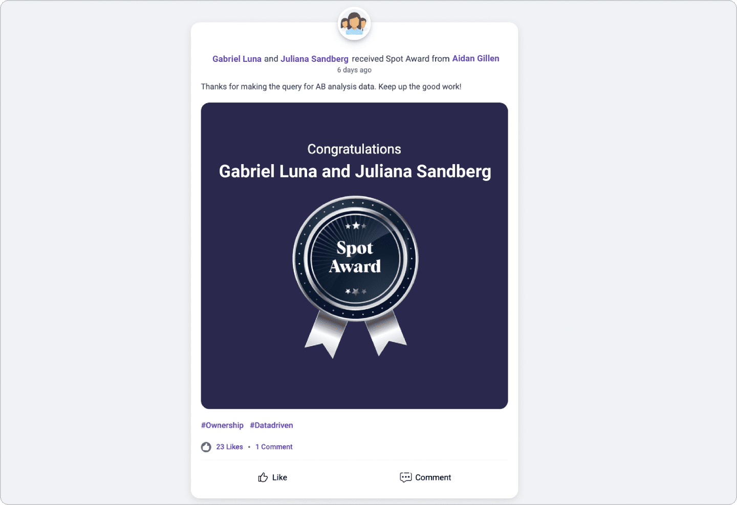 Vantage Recognition spot award post desktop screenshot