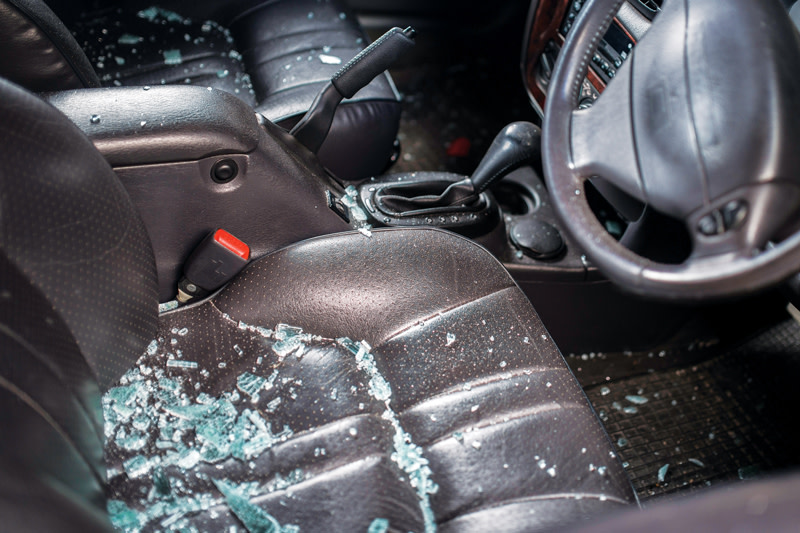 Broken glass on car seat