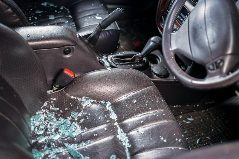 Broken glass on car seat